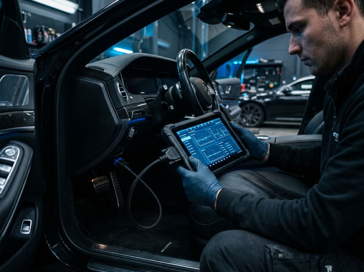 Techniker liest mit dem Diagnosegerät alle Steuergeräte eines Mercedes aus — OBD-Diagnose mit Originalsoftware