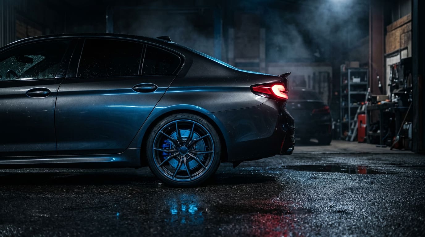 BMW M5 in der Werkstatt bei Nacht — Fahrzeug-Codierung und Chiptuning durch DQcoding in Niederbipp, Schweiz